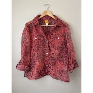 Ruby Rd Women’s Button Down Shirt Size 12 Red Floral Print Blouse Long Sleeve